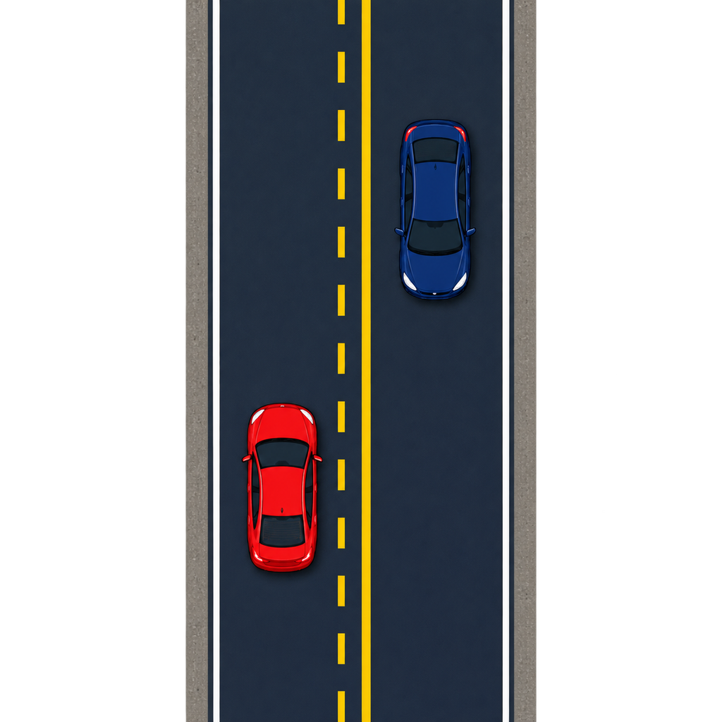 Top-down two-lane road with a broken yellow center line beside a northbound red car and a solid yellow center line beside a southbound navy car