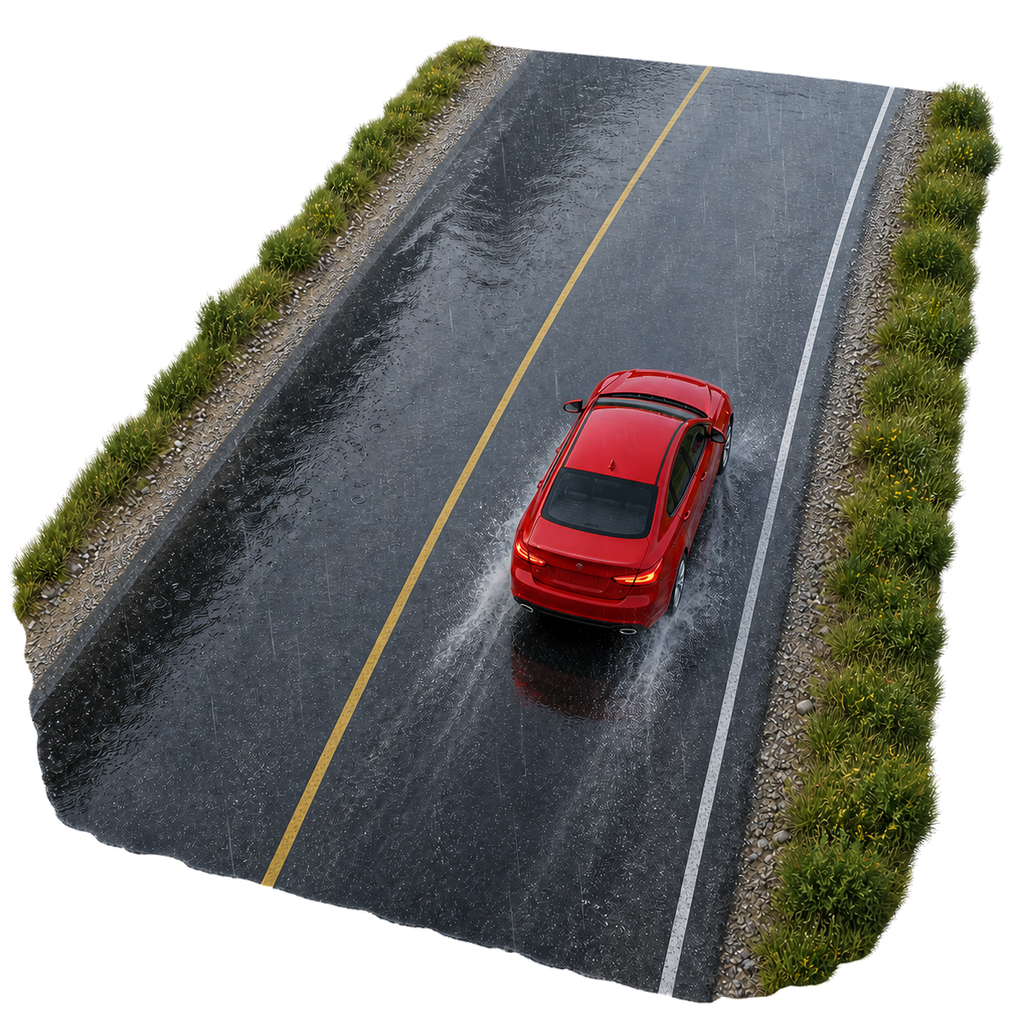 High-angle wet-road scene where a red car remains inside its lane while standing water and spray show reduced tire contact
