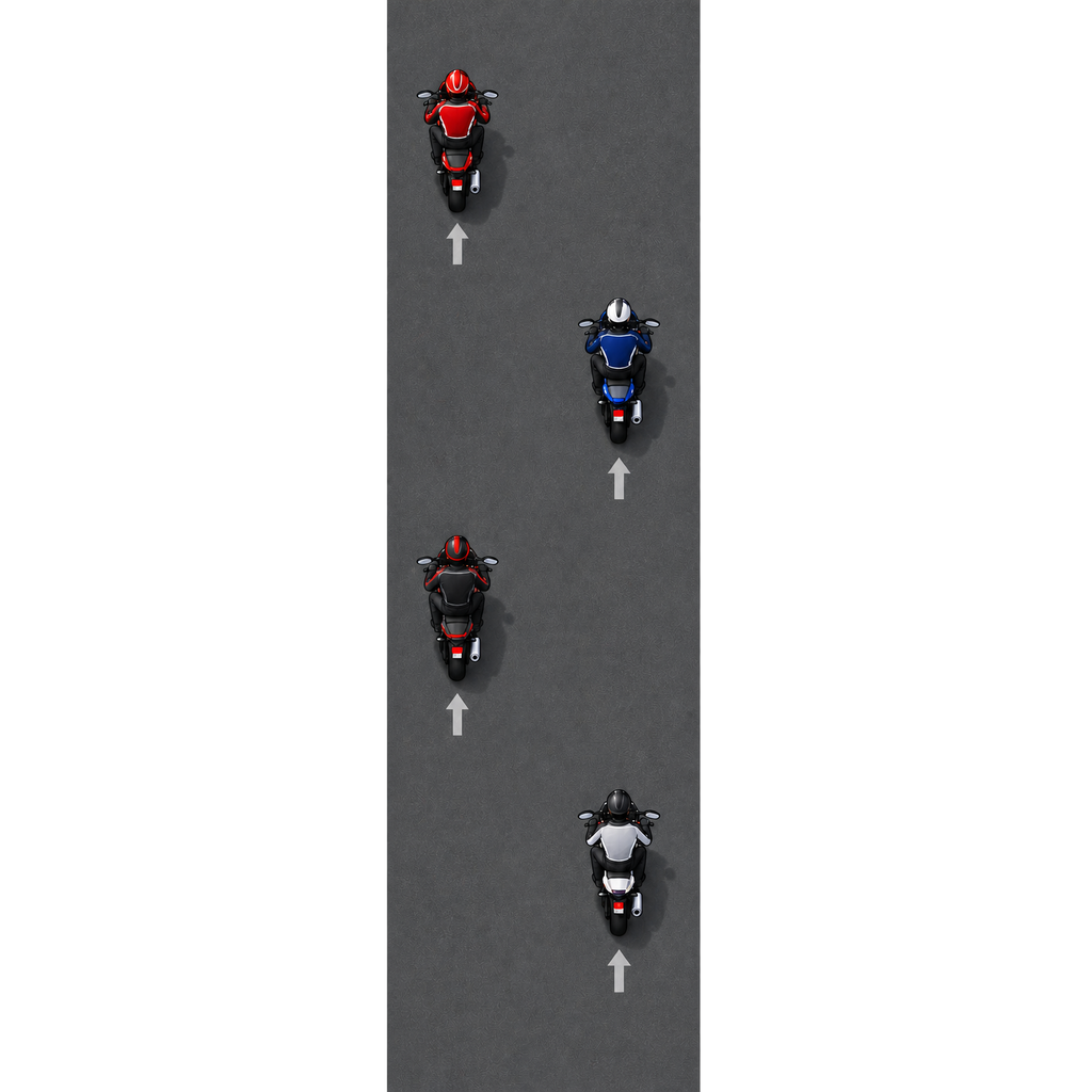 Top-down single travel lane with four helmeted motorcyclists spaced in alternating left and right lane positions