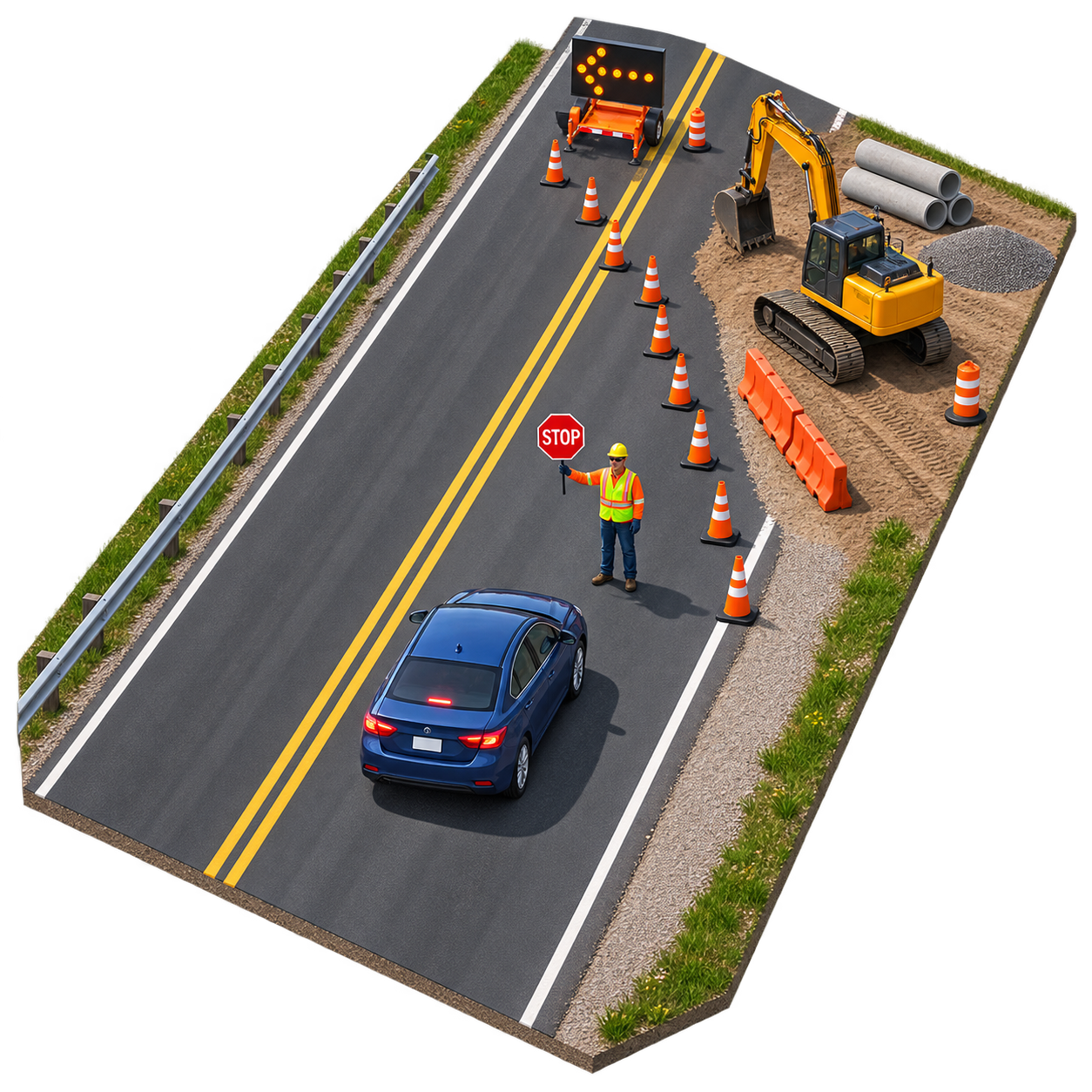 Aerial view of a work zone where a high-visibility flagger holds a stop paddle toward a car before a cone taper and closed lane